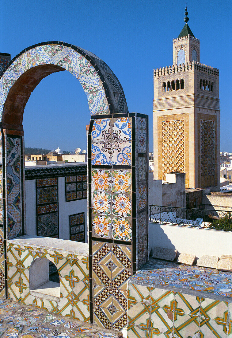 Overview from oriental palace flat roof with Zitouna mosque minaret (the Great Mosque), Tunis. Tunisia