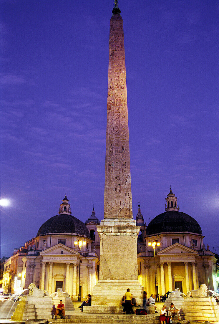 Piazza del Popolo, with the obelisk and the twin churches of Santa Maria dei Miracoli and Santa Maria in Montesanto, built in the 16th century by Bernini, Rome. Lazio, Italy