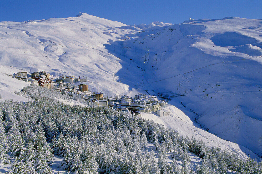 Snowy January landscape in Solynieve skiing resort by Pico Veleta, Sierra Nevada: the central run is illuminated only in Saturday evenings. Granada province, Andalusia, Spain