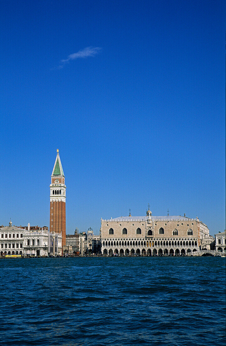 campanile and Ducal Palace seen from the lagoon (laguna), Venice, Venezia, Italy