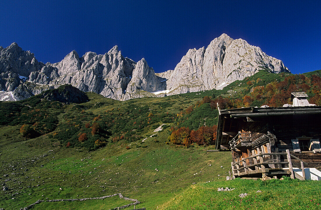 Alpine hut in front of Wilder Kaiser, Kaiser range, Tyrol, Austria