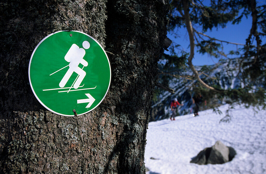 Sign for backcountry ski routes posted by German alpine club for routes with low impact on nature, Bavarian Alps, Upper Bavaria, Bavaria, Germany
