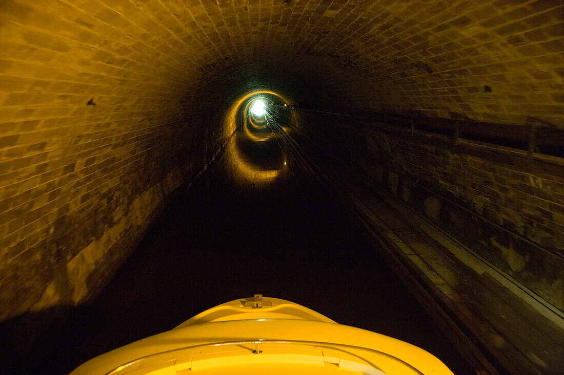 Houseboat in Niderviller Boat Tunnel, Crown Blue Line Calypso Houseboat, Canal de la Marne au Rhin, near Arzviller, Alsace, France