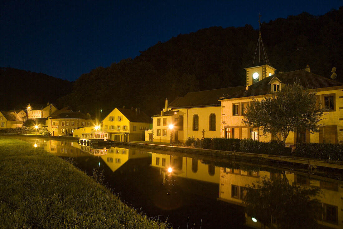 Canal de la Marne au Rhin and Lutzelbourg Houses at Night, Lutzelbourg, Alsace, France