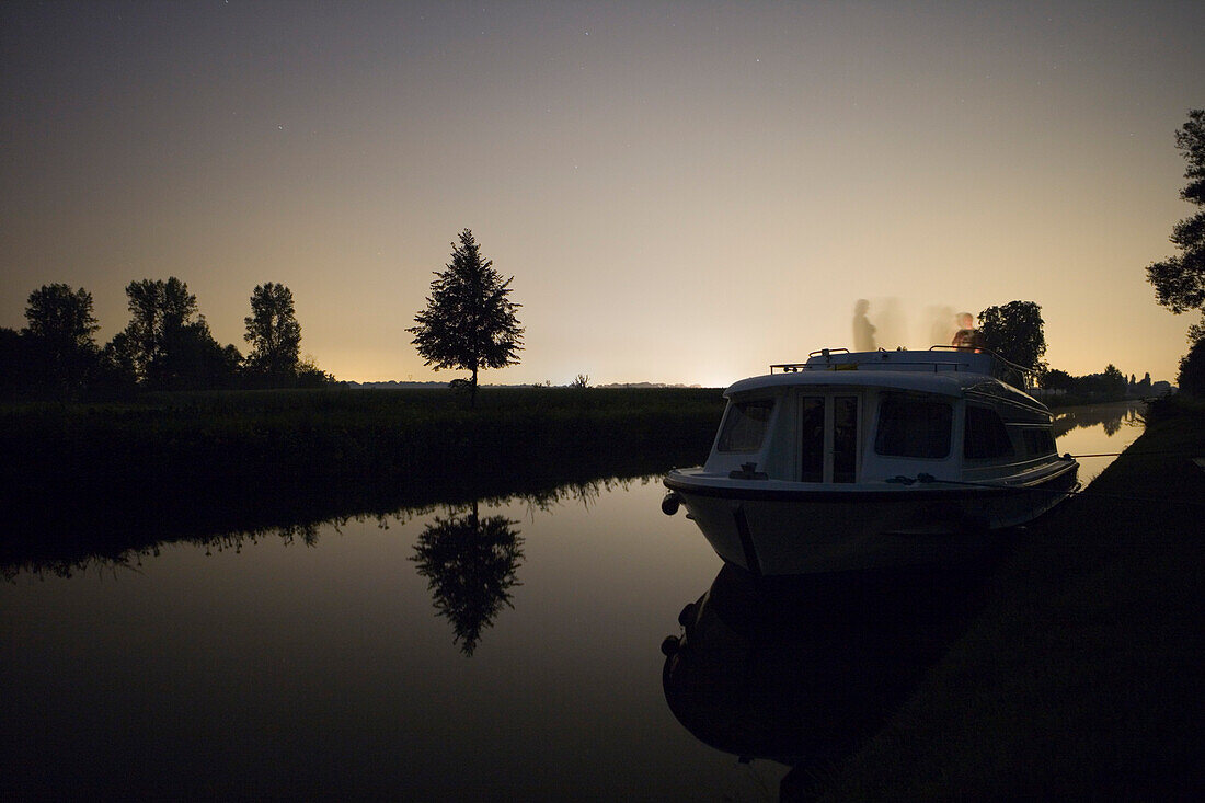 Houseboat at Night, Crown Blue Line Calypso Houseboat, Canal du Rhone au Rhin, near Eschau, Alsace, France