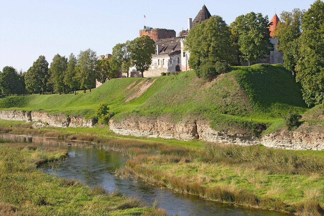 Bauska, Vogtsburg castle, built 1443, in front river Musa