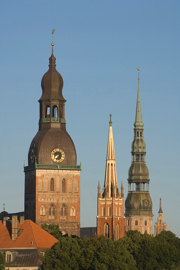 Old town of Riga with the steeple of the cathedrale on the left, and Saint Peters church, second from right, Riga, Latvia