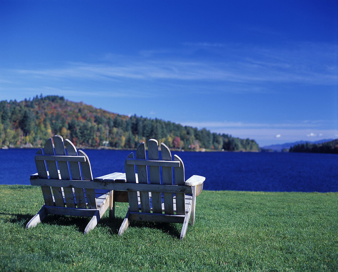 Fall, Adirondack chairs, Long Lake, Adirondack Park, New York, USA
