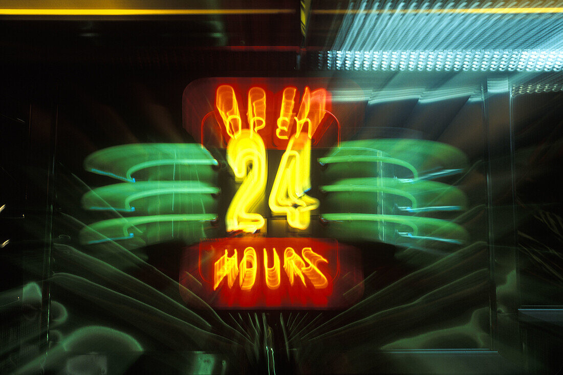 Open 24 hours sign, Tick tock diner, 8th. Avenue, Manhattan, New York, USA