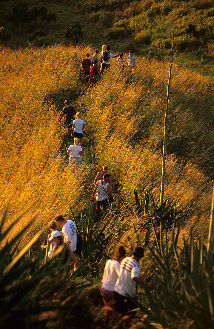 A group of people walking, hiking on Yasawa Island at sunrise, Yasawa group, Fiji, South Sea