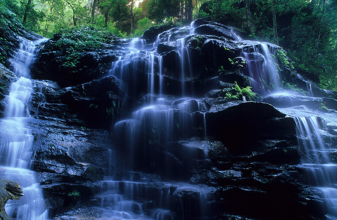 Wasserfall im Valley of the Waters, Blick in das Grose Valley, Blue Mountains National Park, New South Wales, Australien