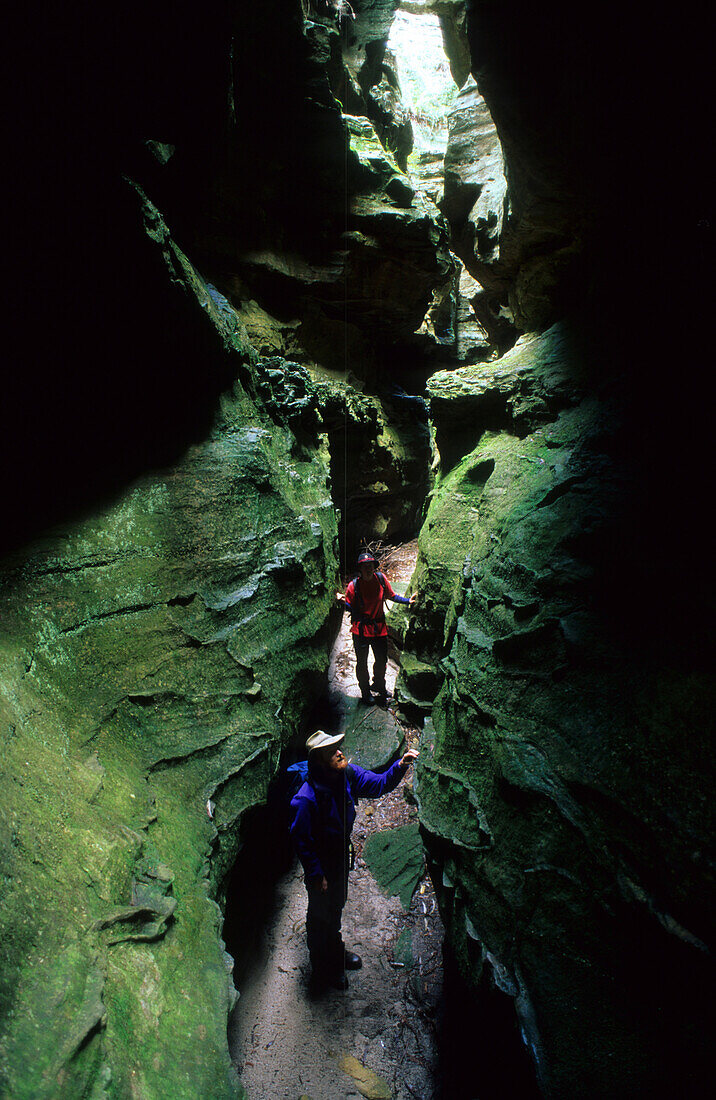 Two people canyoning in Wolgan View Canyon, Newnes State Forest, New South Wales, Australia