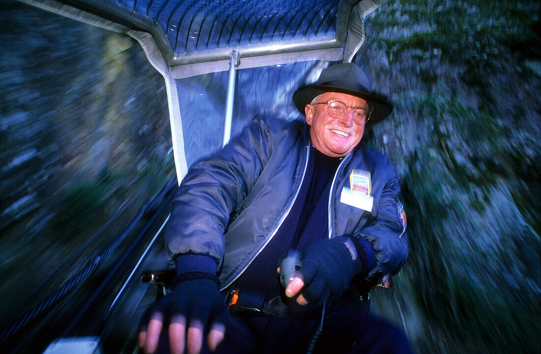 Driver of the Katoomba Scenic Railway, the worlds steepest railway, Blue Mountains, New South Wales, Australia