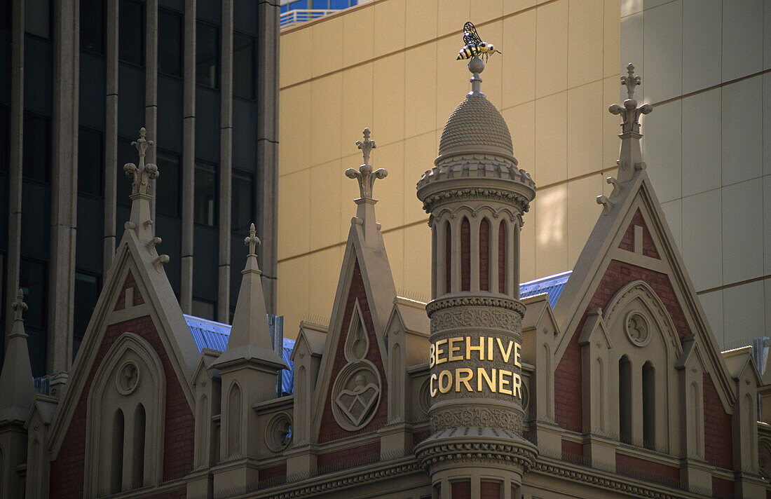 The historic beehive corner building marks the western entrance of the Rundle Mall, Adelaide, South Australia, Australia
