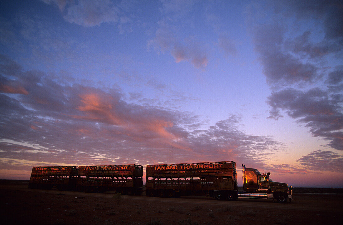 A road train along the Stuart Highway near Coober Pedy, South Australia, Australia