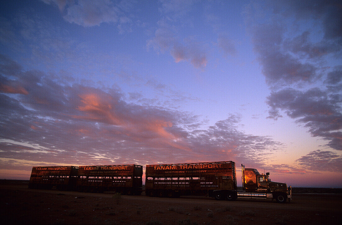 Ein Road Train am Stuart Highway nahe Coober Pedy, Südaustralien, Australien
