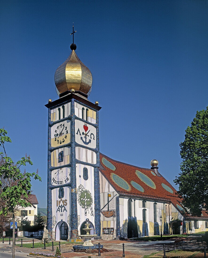 Modernity church from F. Hundertwasser (1988) in village Bärnbach, Styria country, Austria