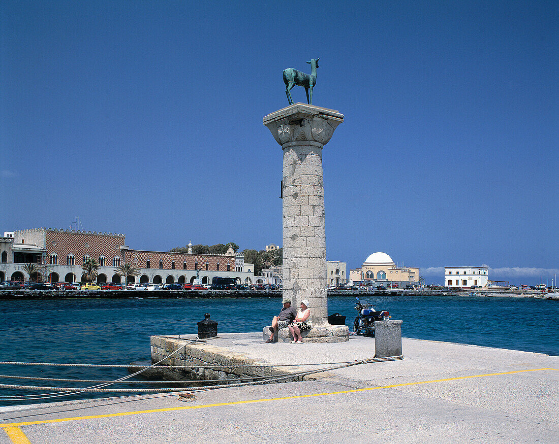 Greece, Rhodes, Dodecanese, Rhodes Town, Mandraki Harbour, Prefecture, Governmental building, Stag Pillar