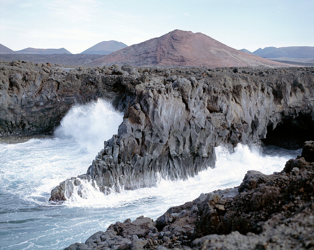 Spain, Canary Islands, Lanzarote, Los Hervideros, rocky landscape, sea, breakers