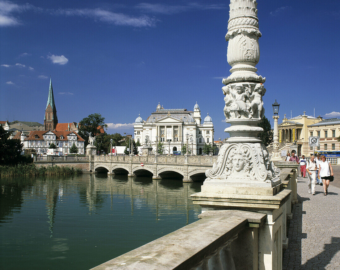 Castle bridge and State Theatre, Schwerin, Mecklenburg-Western Pomerania, Germany