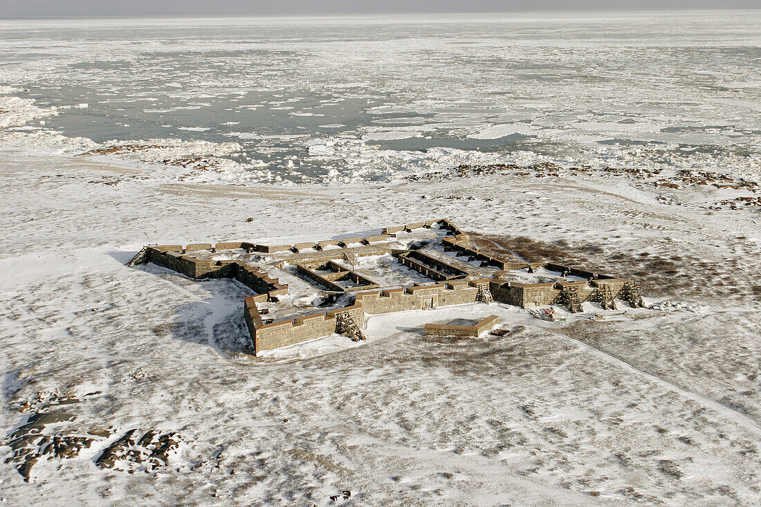 Aerial view of Prince of Wales Fort in winter. Churchill, Manitoba, Canada.