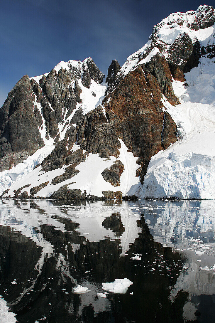 Reflections and snow covered mountains in Lemaire Channel in Antarctica