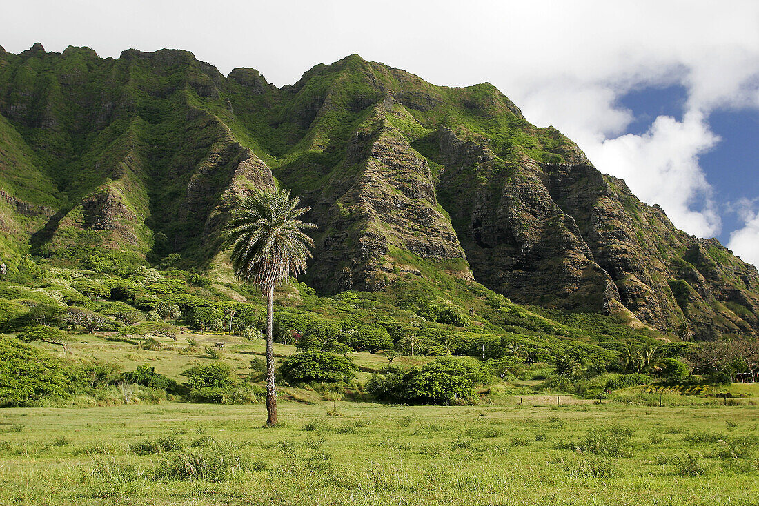 The Ko olau range along the windward coastline of the island of Oahu, Hawaii, USA. Pacific Ocean.