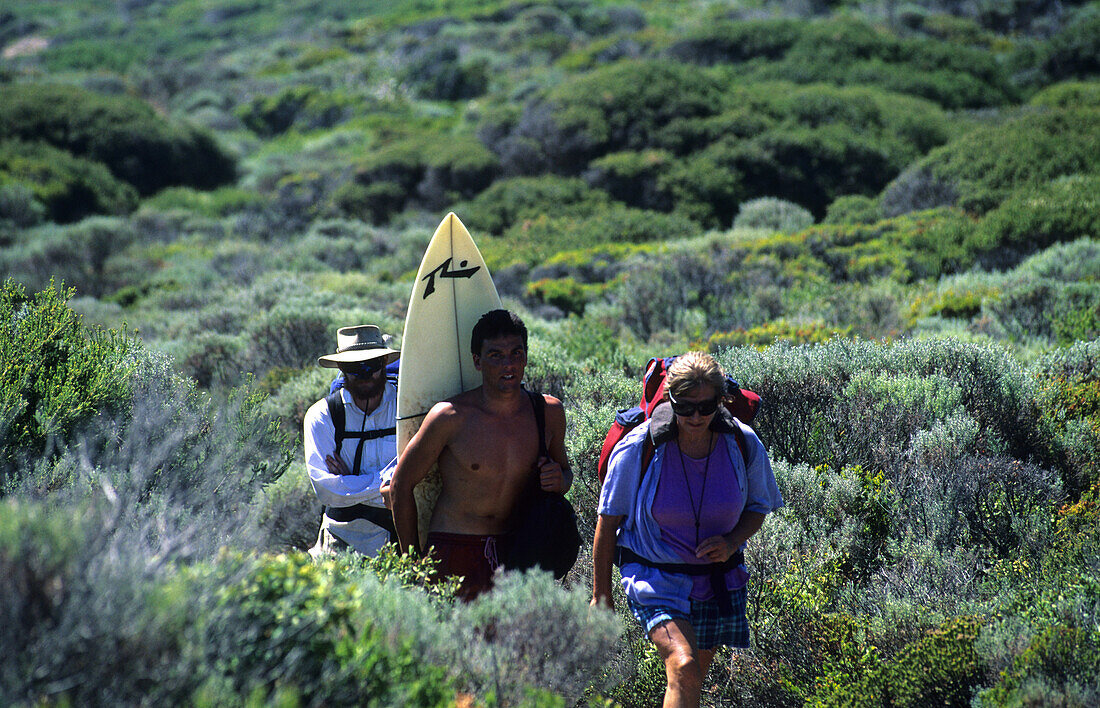 Hikers and surfer share the Cape to Cape Walk, Leeuwin-Naturaliste National Park, Western Australia, Australia