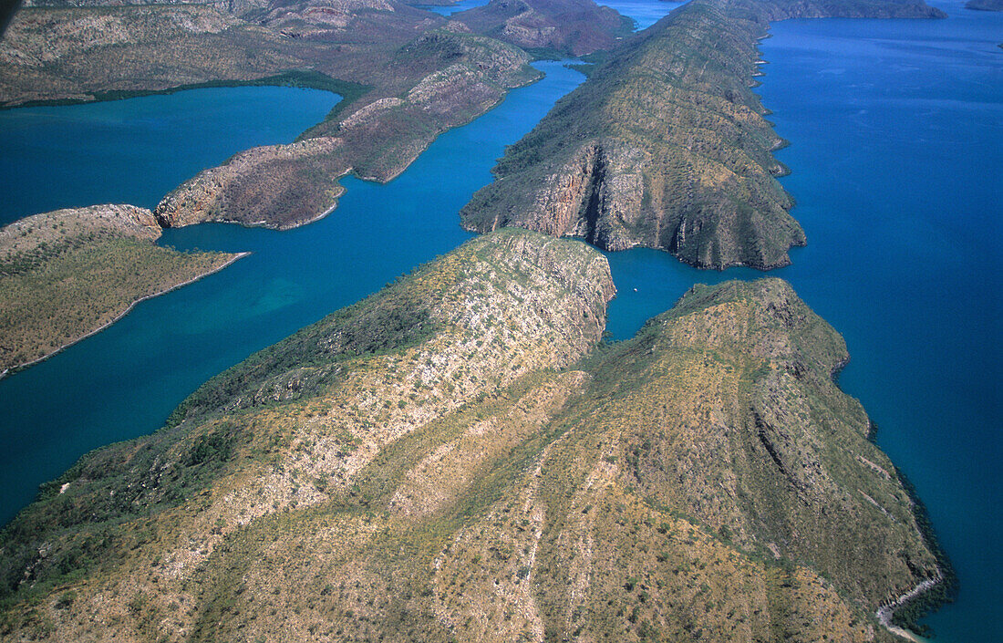 Aerial photo of the islands of the Buccaneer Archipelago at the Horizontal Waterfalls, Western Australia, Australia