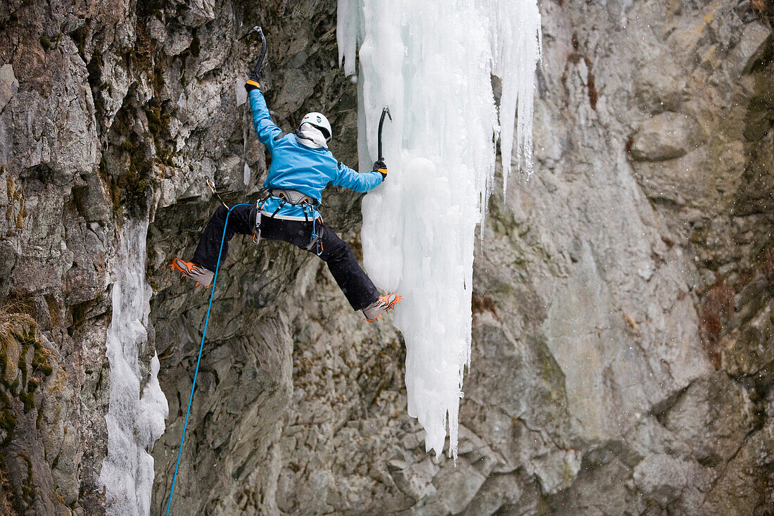 Eisklettern in Pontresina, ein Mann klettert an einem gefrorenen Wasserfall an einem grossen Eiszapfen in einer Schlucht, Graubünden, Schweiz, MR