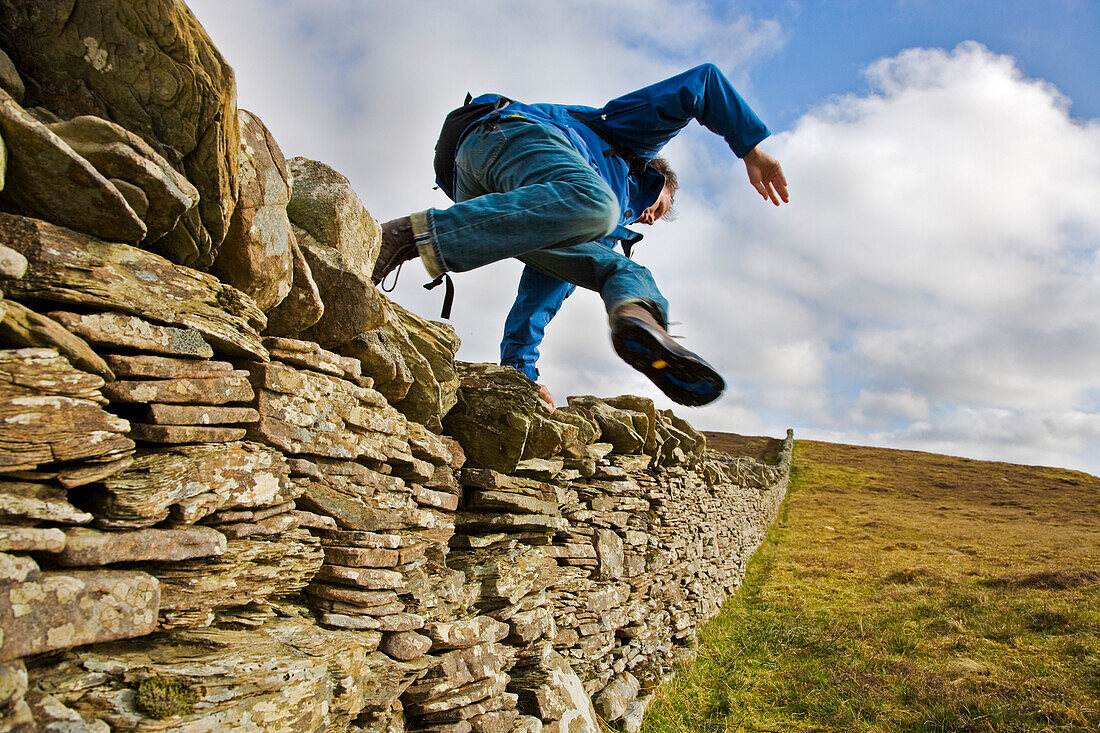 A man jumping over a stone wall on the Island of Bressay, near Lerwick, Shetland Islands, Scottland, Great Britain, UK