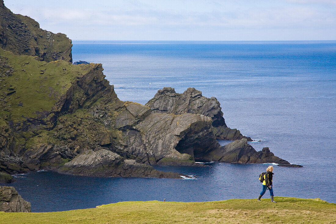 Eine Frau wandert entlang der wilden Küste des Naturschutzgebietes. Hermaness, Insel Unst, Shetland Islands, Schottland, Großbritannien, MR