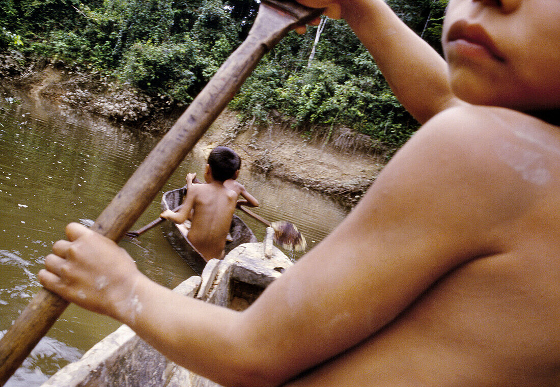Children, San Jose de Añusi mayoruna Indian village. Galves River, tributary of the river Amazon. Peru