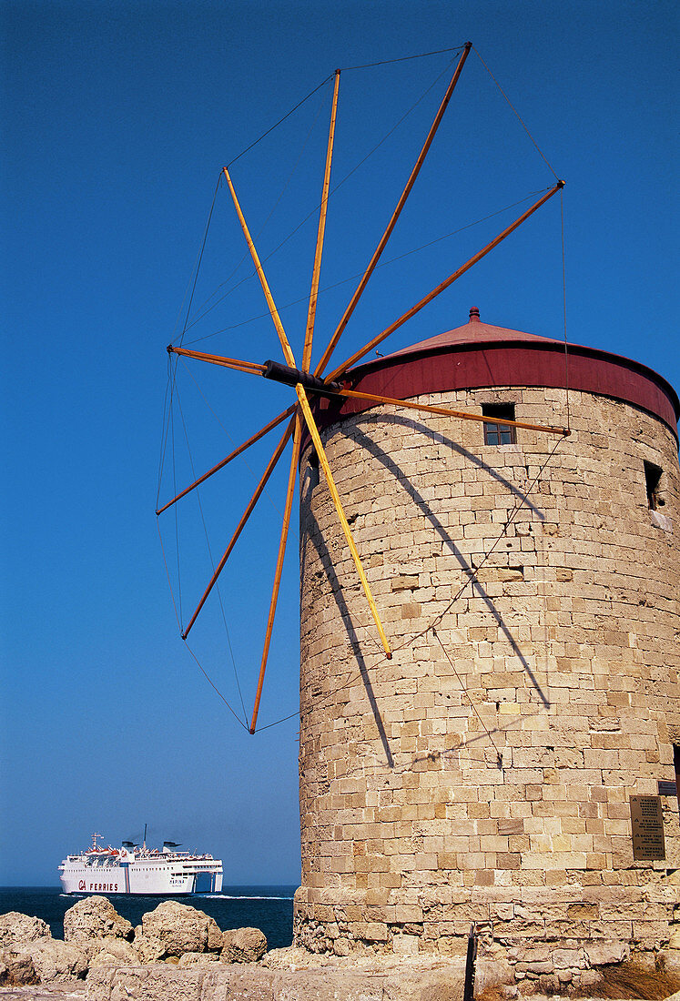 Windmills. Mandraki Port. Rhodes. Dodecanese. Greece
