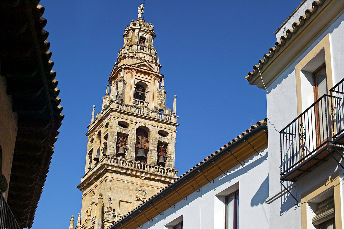 Street and Minaret tower of the Great Mosque, Córdoba. Andalusia, Spain