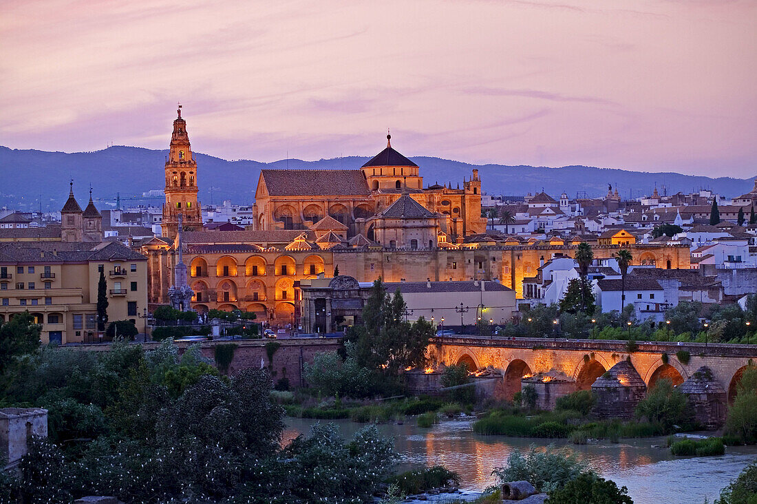 Roman bridge over Guadalquivir river with Great Mosque. Cordoba. Andalusia, Spain