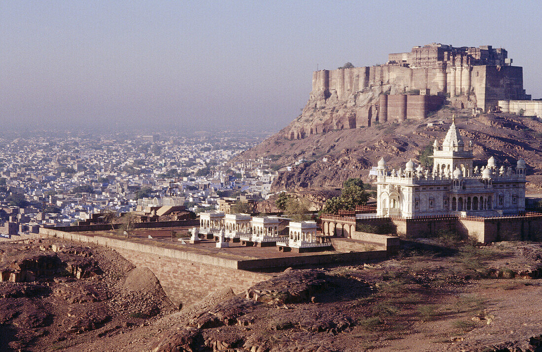 Marble memorial of Maharja Jaswant Singh II (built in 1899), and Mehrangarh Fort. Jodhpur. Rajasthan. India