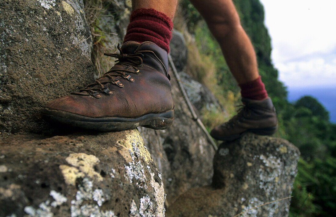 Hiking boots, man climbing onto Mt. Gower, Lord Howe Island, Australia