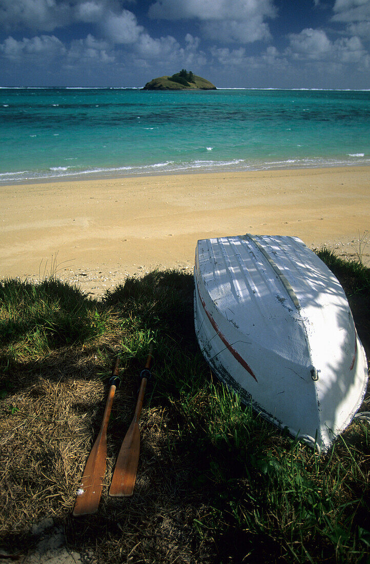 Boot und Ruder liegen am Lagoon Beach, Lord Howe Island, Australien