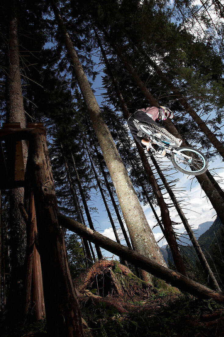 Mountain biker jumping in a forest, Oberammergau, Bavaria, Germany
