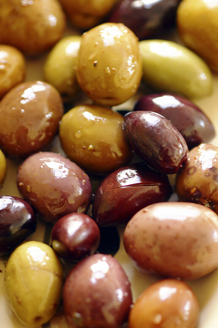  Aliment, Aliments, Appetizer, Appetizers, Background, Backgrounds, Black, Black olives, Close up, Close-up, Closeup, Color, Colour, Detail, Details, Food, Greek, Greek olives, Green, Green olives, Indoor, Indoors, Inside, Interior, Many, Nourishment, Oil