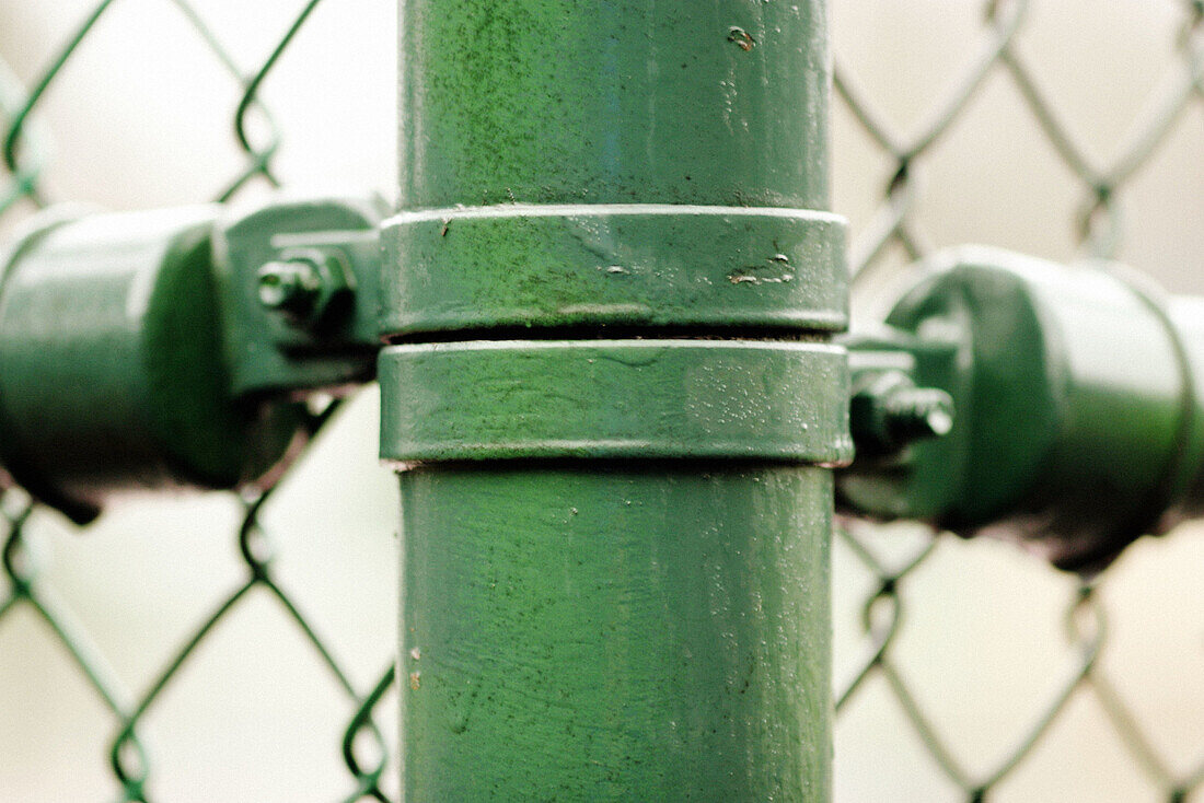  Bar, Bars, Bracket, Brackets, Branches, Chainlink fence, Chainlink fences, Close up, Close-up, Closeup, Color, Colour, Concept, Concepts, Connection, Daytime, Detail, Details, Exterior, Fence, Fences, Green, Hold, Holding, Horizontal, Industrial, Industr
