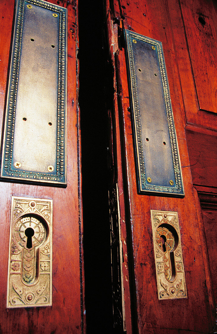 Detail of a renovated Harlem Brownstone. Ornate brass keyhole and bronze push panels