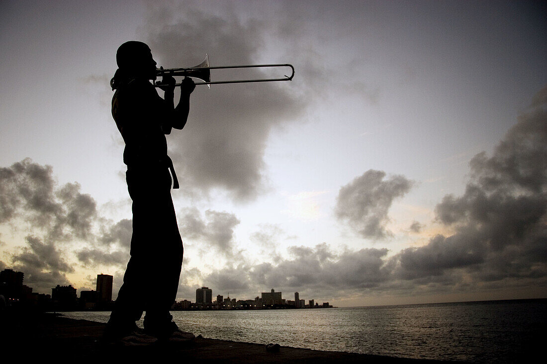 Trombone player in El Malecón. Havana. Cuba