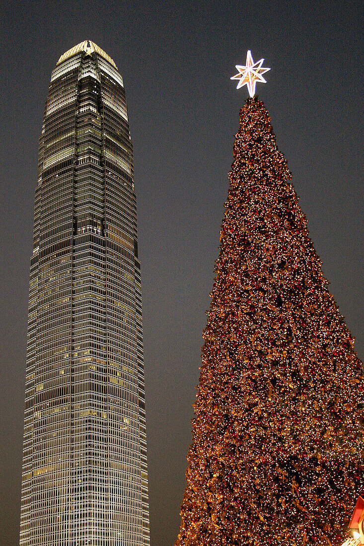 Big Christmas tree near Star Ferry Pier. Downtown. Hong Kong Island.