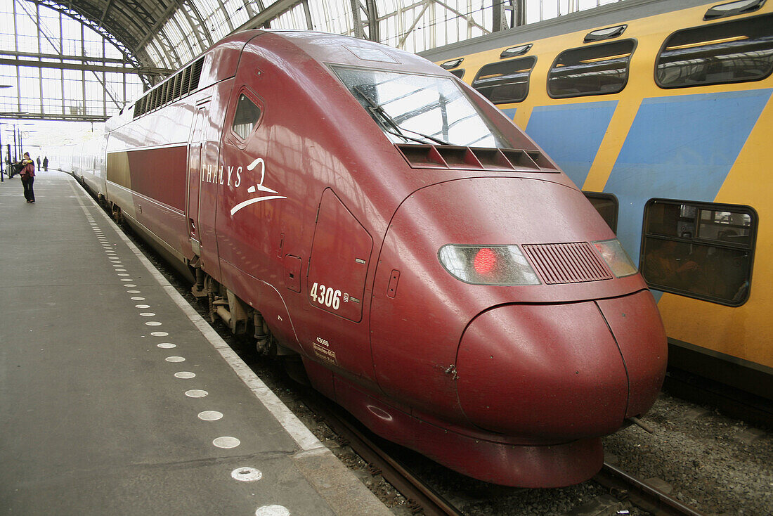 French Thalys (TGV) express train to Paris waiting in Amsterdam central station, Holland, Netherlands