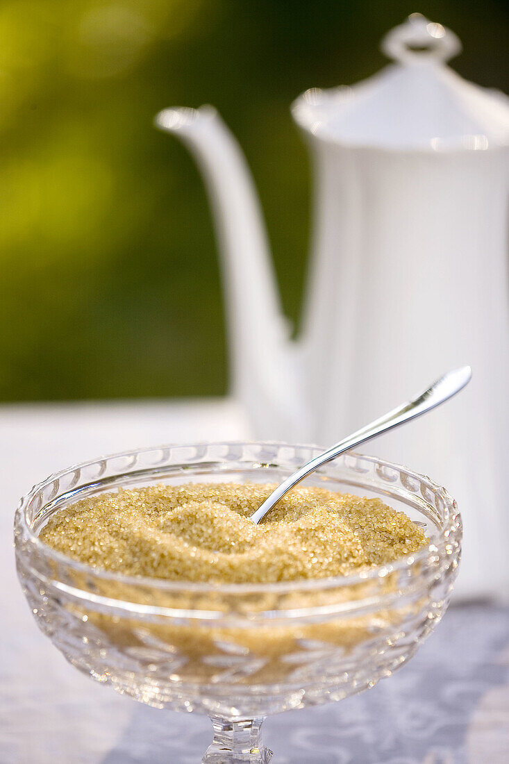 Aliment, Aliments, Brown sugar, Calories, Close up, Close-up, Closeup, Color, Colour, Daytime, Food, Foodstuff, Glass, Indoor, Indoors, Ingredient, Ingredients, Interior, Nourishment, Selective focus, Spoon, Spoons, Still life, Sugar bowl, Sugar bowls, Sw