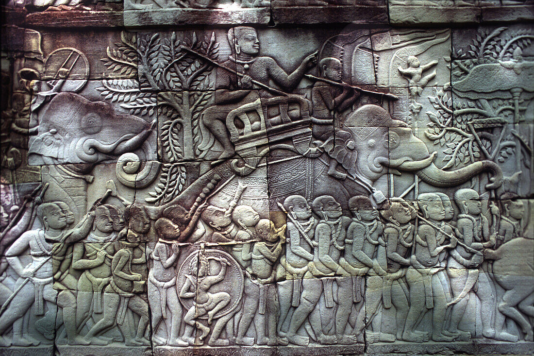 BAS relief, Bayon temple, Angkor, Siem Raep, Cambodia, Asia