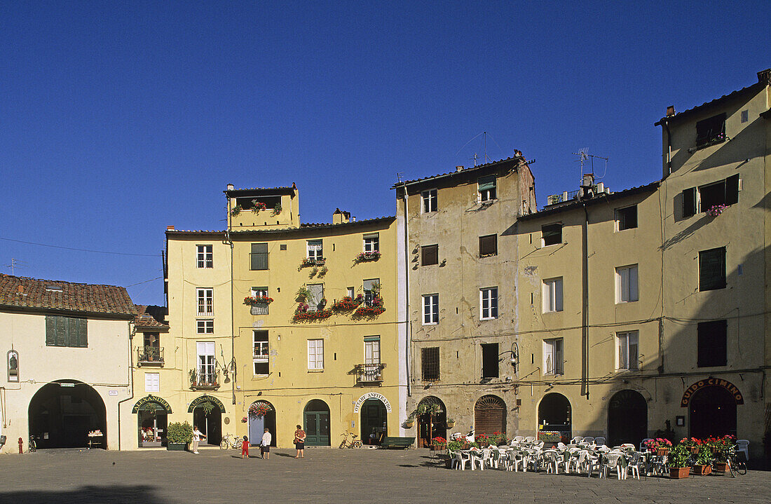 Amphitheatre Square in old town, Lucca. Tuscany, Italy