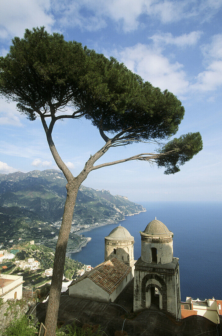 Panorama from Church of SS. Annunziata by Villa Rufolo, Ravello, Amalfi coast. Campania, Italy